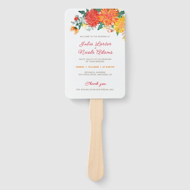 Pastel Orange Yellow Spring Dahlia Flowers Wedding Hand Fan (Front)