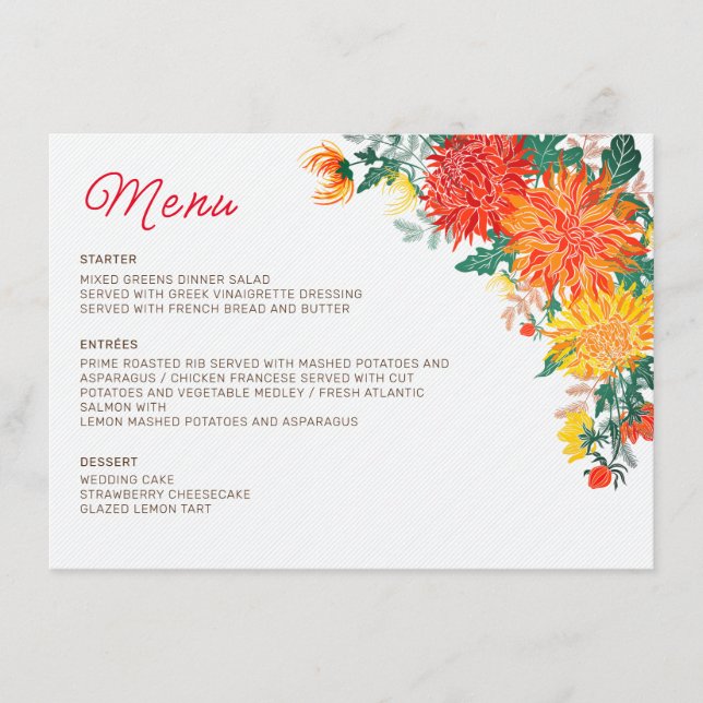 Pastel Orange Yellow Spring Dahlia Flowers Wedding Menu (Front)