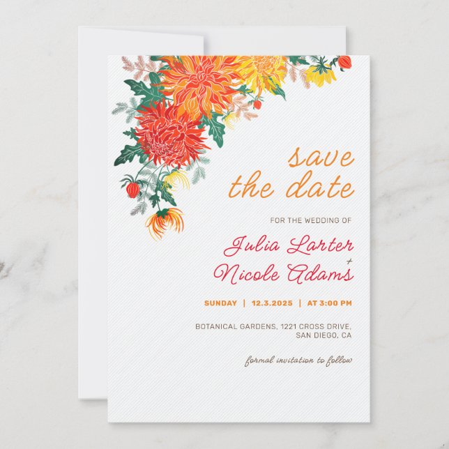 Pastel Orange Yellow Spring Dahlia Flowers Wedding Save The Date (Front)