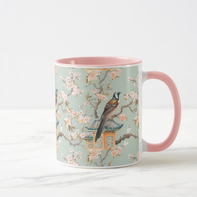Pastel Oriental Bird and Fruit Blossoms Mug (Right)
