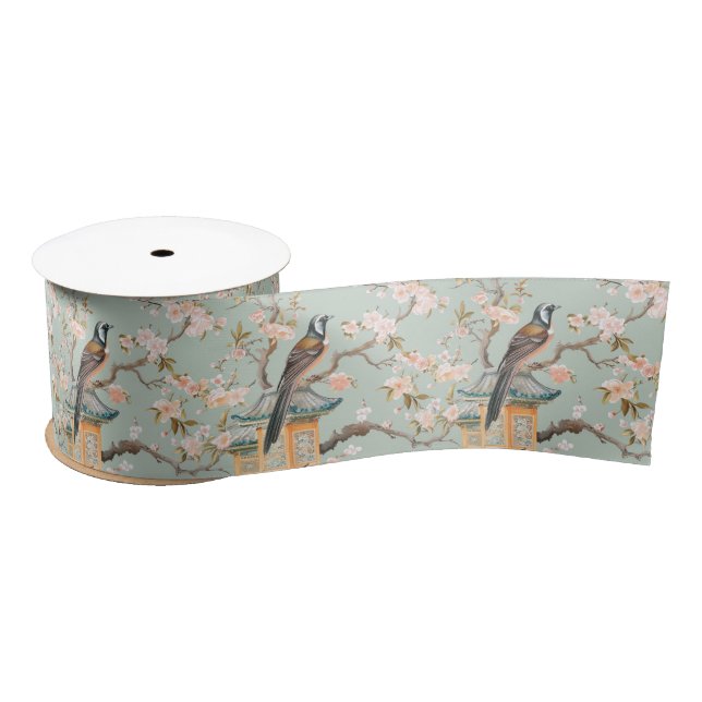 Pastel Oriental Bird and Fruit Blossoms Satin Ribbon (Spool)