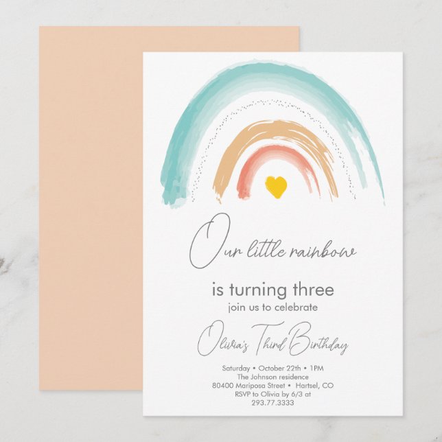 Pastel Our Little Rainbow Birthday Party Beige Invitation (Front/Back)