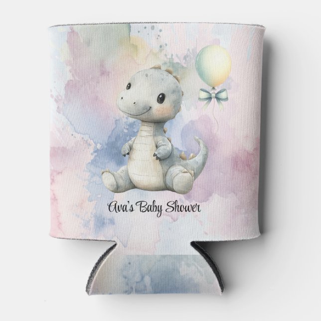 Pastel Paint Splash Adorable Dinosaur Baby Shower Can Cooler (Front)