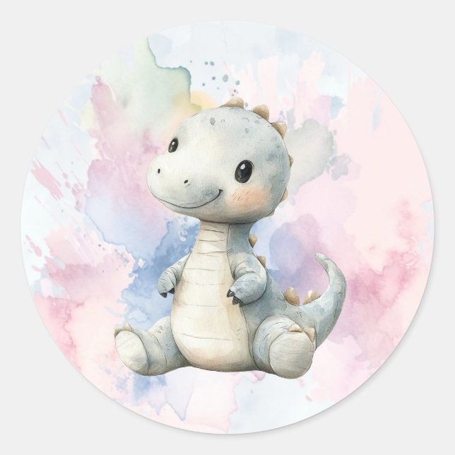Pastel Paint Splash Adorable Dinosaur Baby Shower Classic Round Sticker (Front)