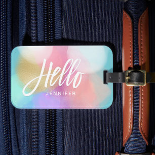 Pastel Paint Splotches Hello Typography with Name Luggage Tag