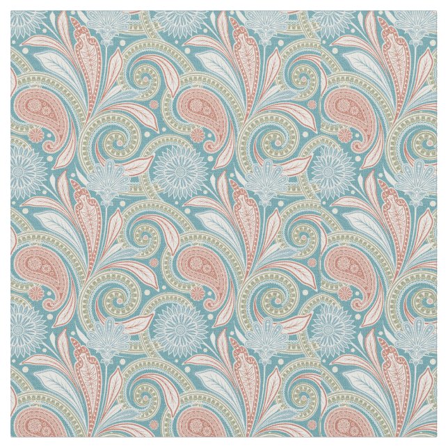 Pastel Paisley Floral Light Pink and Blue Fabric (Close Up)