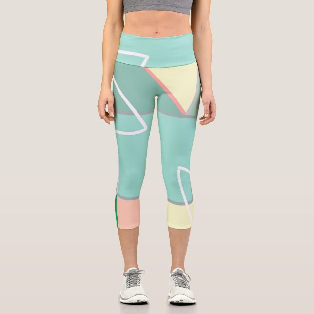 Pastel Pale Turquoise Pink Abstract Art Lines Capri Leggings (Front)