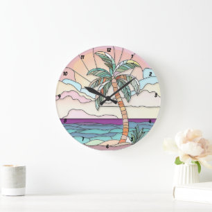Pastel Palm Stained Glass Large Clock