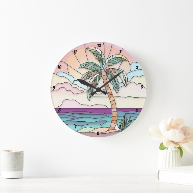 Pastel Palm Stained Glass Large Clock (Home)