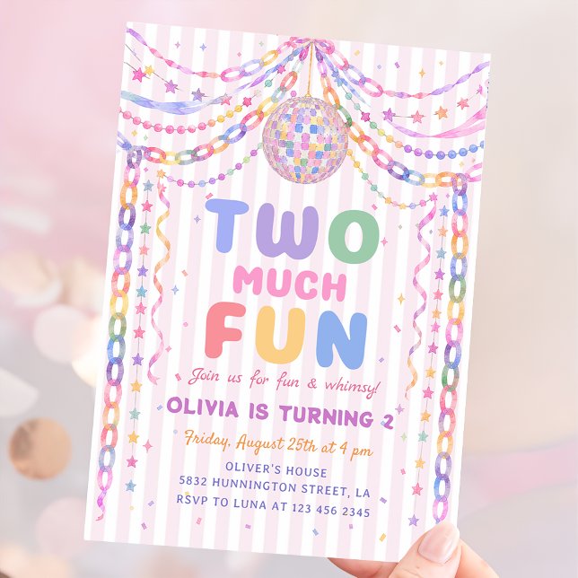 Pastel Paper Chain Disco Two Much Fun 2nd Birthday Invitation (Creator Uploaded)