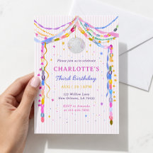Pastel Paper Chains Disco Ball Third Birthday Invi
