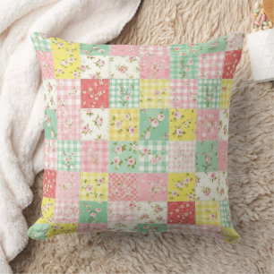 Pastel Patchwork Floral Gingham Vintage Cottage Throw Pillow