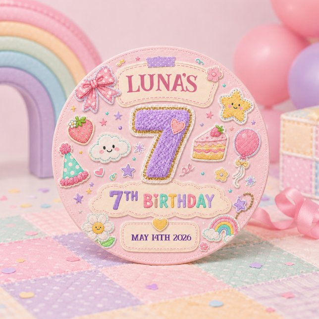 Pastel Patchwork Rainbow 7th Birthday Party Girl 1 Inch Round Button (Pastel Patchwork Rainbow 7th Birthday Party Girl Button
)