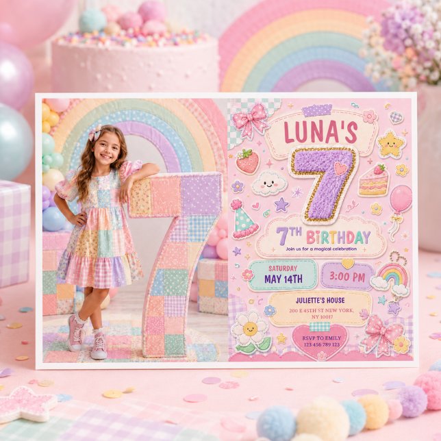 Pastel Patchwork Rainbow 7th Birthday Party Girl Invitation (Pastel Patchwork Rainbow 7th Birthday Party Girl Invitation
)