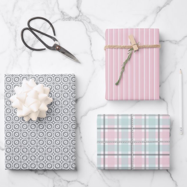 Pastel Pattern of Gray, Mint, Pink Plaid & Stripes Wrapping Paper Sheet (Front)