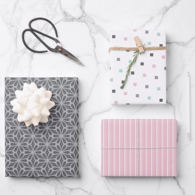Pastel Pattern of Gray, Pink, Mint Geometric Shape Wrapping Paper Sheet (Front)