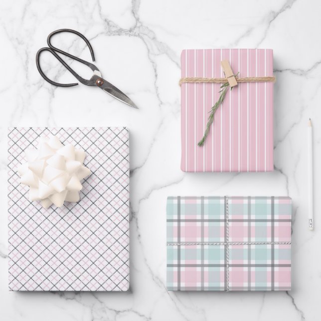 Pastel Pattern of Pink, Mint, Gray Plaid & Stripes Wrapping Paper Sheet (Front)
