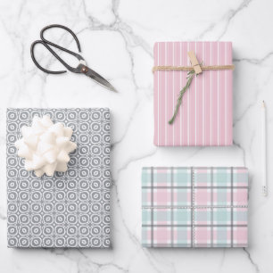 Pastel Pattern of Pink, Mint, Gray Plaid & Stripes Wrapping Paper Sheet