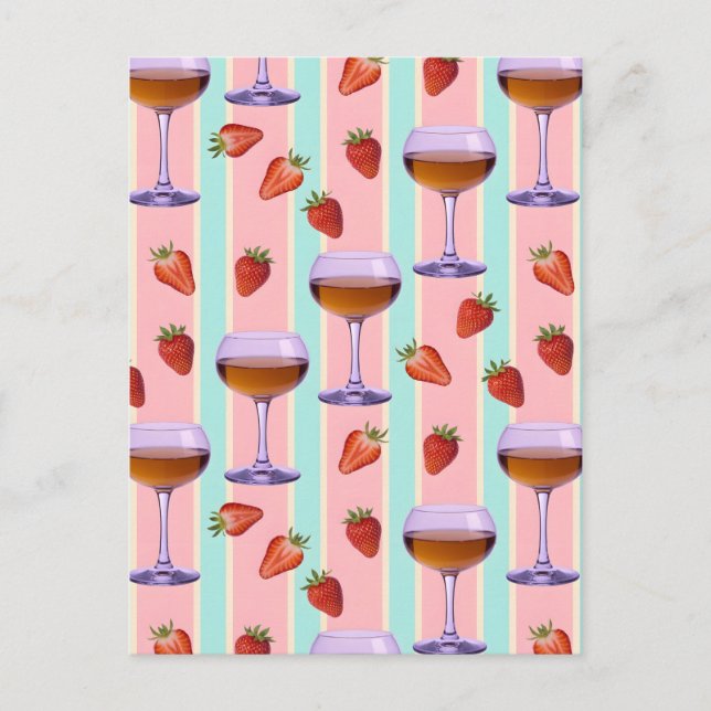 Pastel Pattern with Wine Glasses and Strawbefries Holiday Postcard (Front)