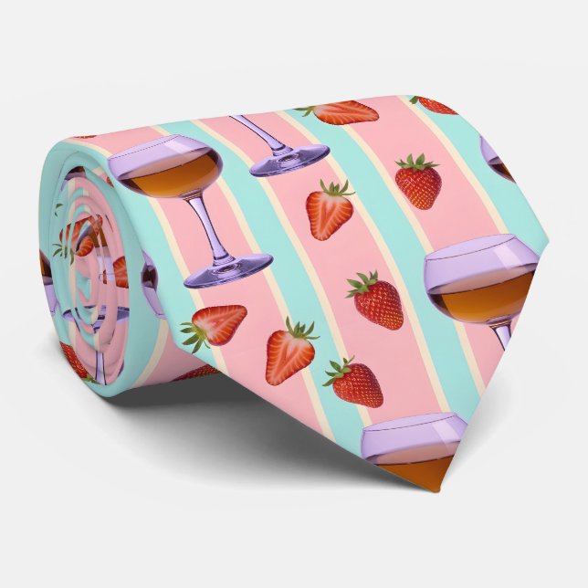 Pastel Pattern with Wine Glasses and Strawbefries Tie (Rolled)