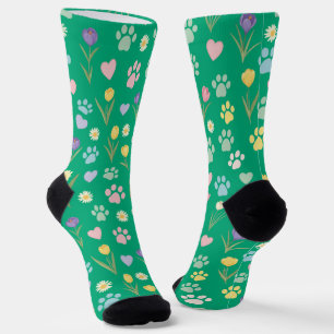 Pastel Paw Print and Hearts Floral Socks