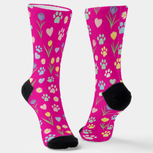Pastel Paw Print and Hearts Floral Socks