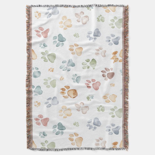 Pastel Paw Print Throw Blanket Cozy Bloom  (Front Vertical)
