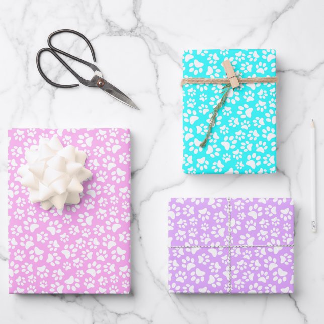 Pastel Paw Prints Pink Blue and Purple Pet Lovers Wrapping Paper Sheet (Front)