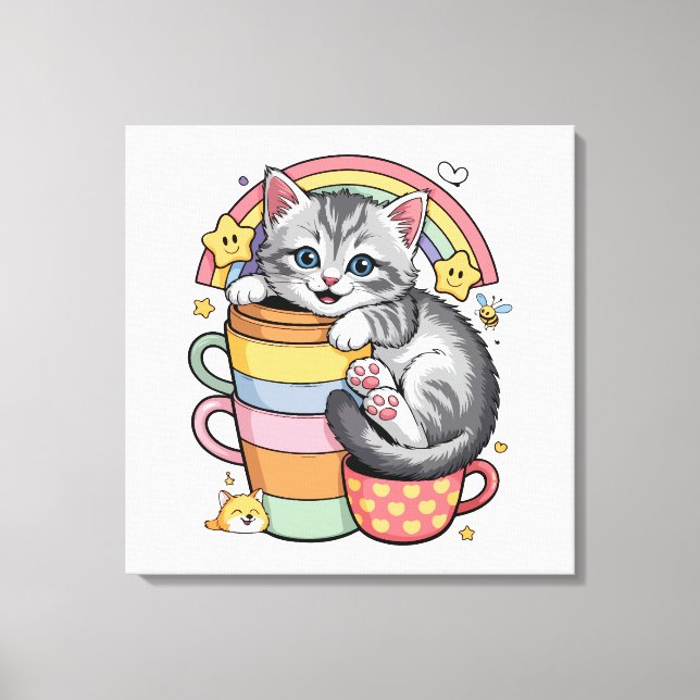 Pastel Paws & Rainbow Sips Canvas Print (Front)