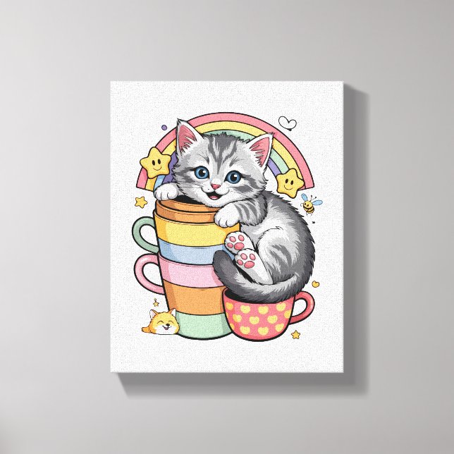 Pastel Paws & Rainbow Sips Canvas Print (Front)