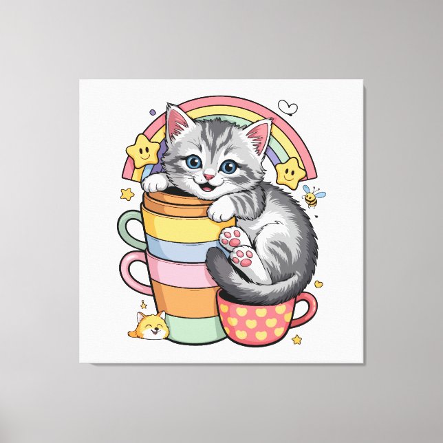 Pastel Paws & Rainbow Sips Canvas Print (Front)