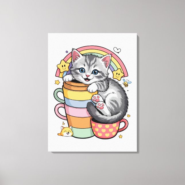 Pastel Paws & Rainbow Sips Canvas Print (Front)