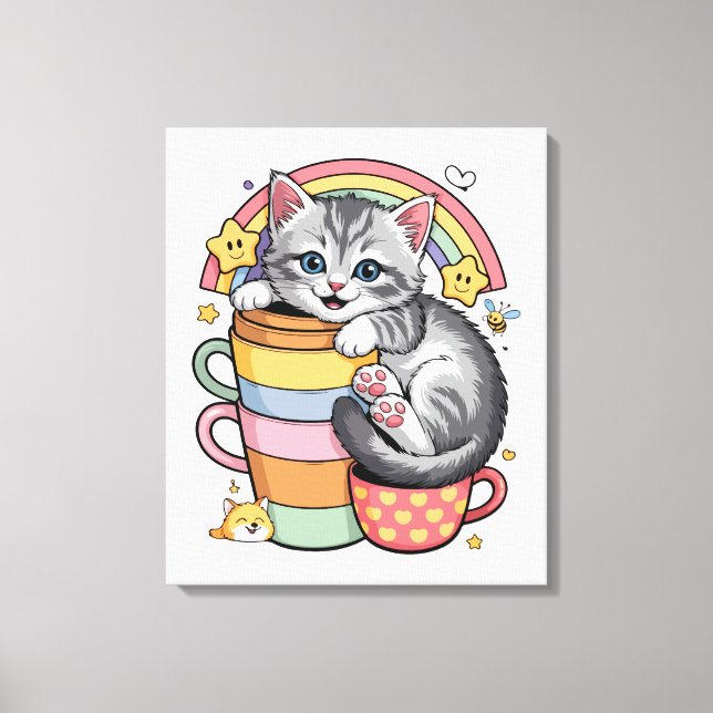 Pastel Paws & Rainbow Sips Canvas Print (Front)