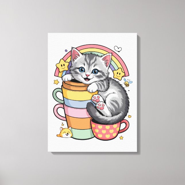 Pastel Paws & Rainbow Sips Canvas Print (Front)