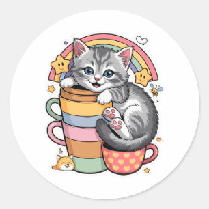 Pastel Paws & Rainbow Sips Classic Round Sticker