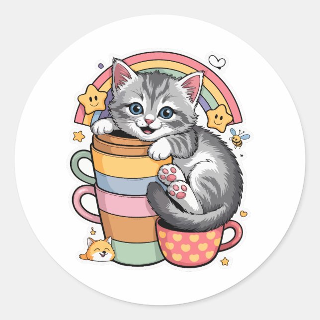 Pastel Paws & Rainbow Sips Classic Round Sticker (Front)