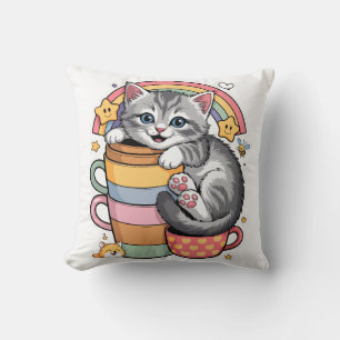 Pastel Paws & Rainbow Sips Throw Pillow
