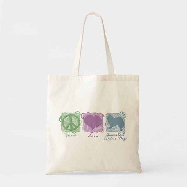 Pastel Peace, Love, and American Eskimo Dogs Tote Bag (Front)