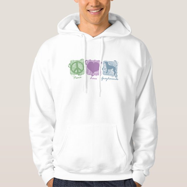 Pastel Peace, Love, and Greyhounds Hoodie (Front)