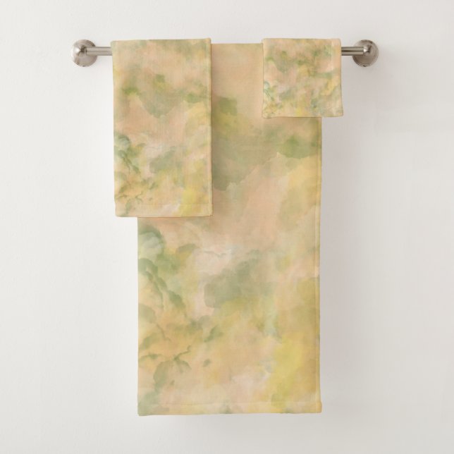Pastel Peach and Green Marbled Bath Towel Set (Insitu)