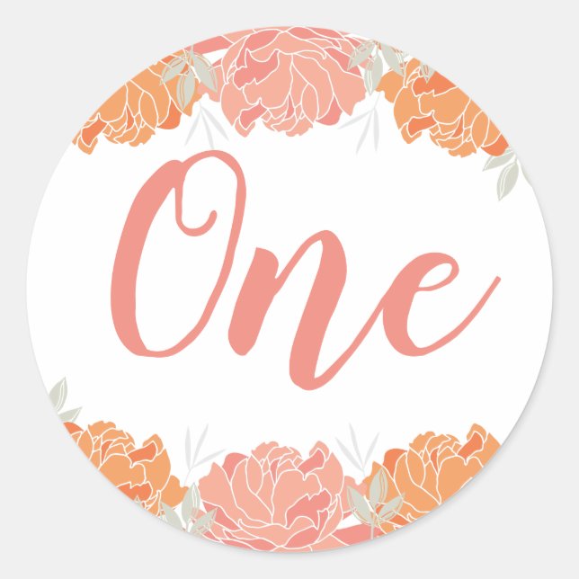 Pastel Peach and Orange Floral Baby's 1st Birthday Classic Round Sticker (Front)