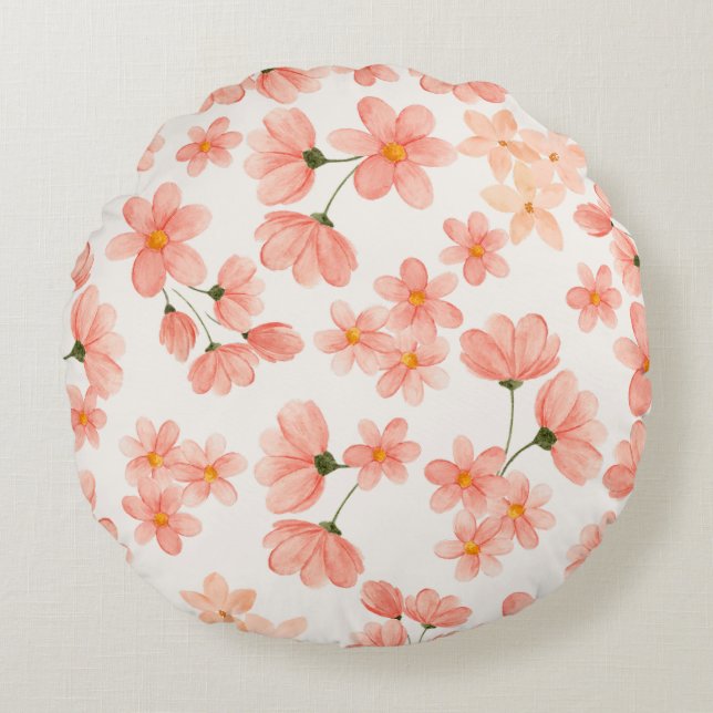 Pastel Peach Floral Round Pillow (Front)