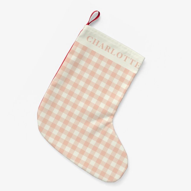 Pastel Peach Gingham Buffalo Check Plaid Name Small Christmas Stocking (Front (Hanging))