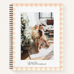 Pastel Peach Gingham Check Plaid Photo Name Notebook
