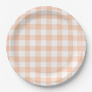 Pastel Peach Gingham Plaid Pattern Paper Plate