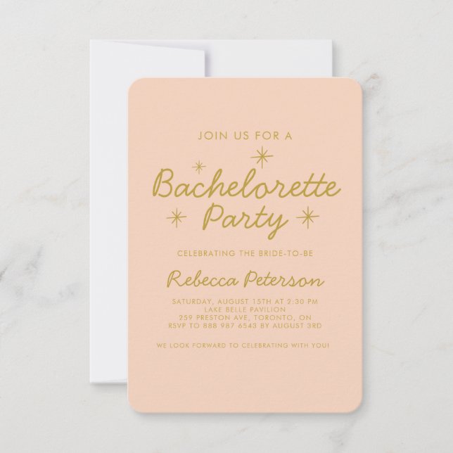 Pastel Peach Golden Typography Bachelorette Party Invitation (Front)