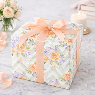 Pastel Peach Lavender Floral Sage Chevron Birthday Wrapping Paper