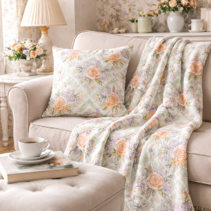 Pastel Peach Lavender Floral Sage Chevron Fleece Blanket