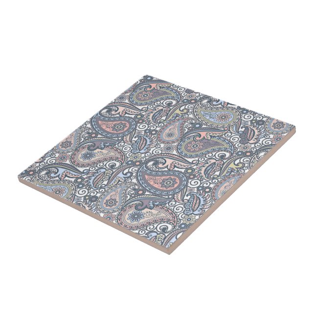 Pastel Peach Orange Violet Pink Paisley Floral Tile (Side)