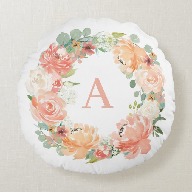 Pastel Peach Peonies Eucalyptus Wreath Monogram  Round Pillow (Front)